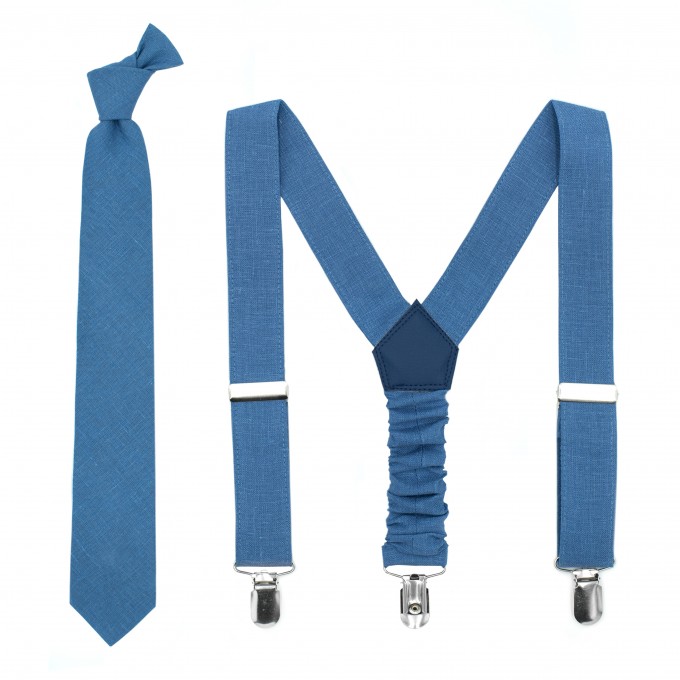 Linen steel blue tie and suspenders