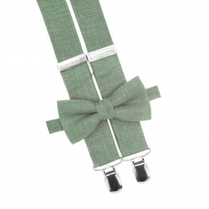 Linen sage green bow tie and suspenders