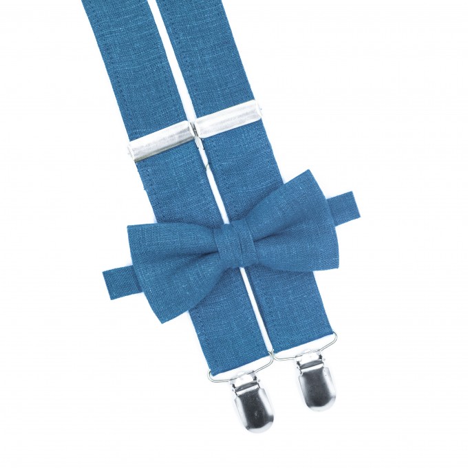 Linen steel blue bow tie and suspenders