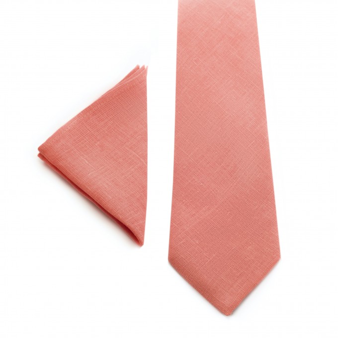 Linen coral (parfait) necktie and pocket square