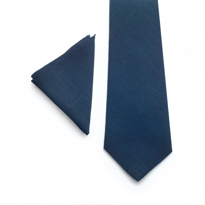 Linen navy blue (midnight) necktie and pocket square