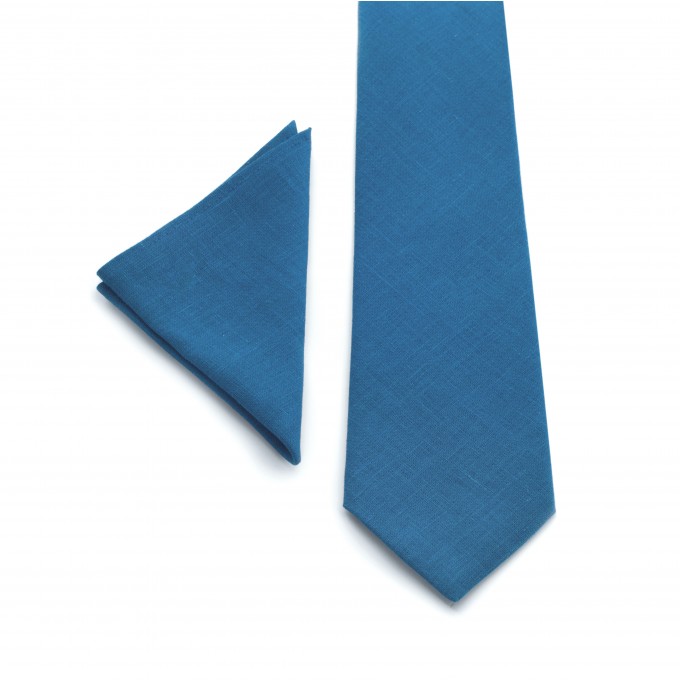 Linen steel blue tie and pocket square