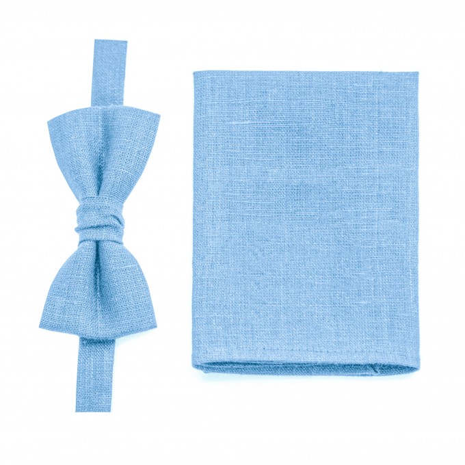 Linen light blue (ice blue) bow tie and pocket square