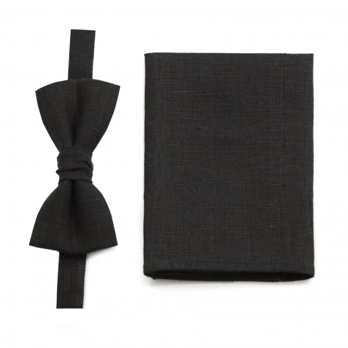 Linen black bow tie and pocket square