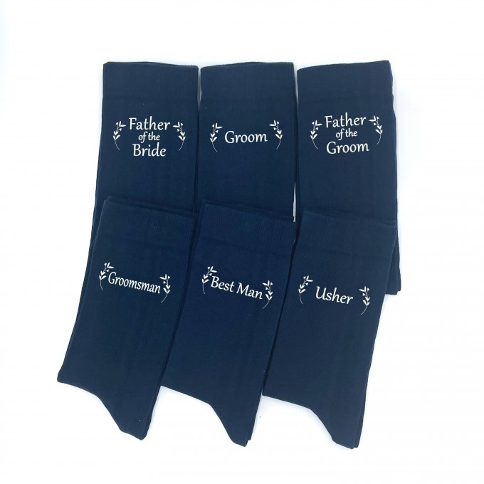 Navy blue groomsmen socks with custom design