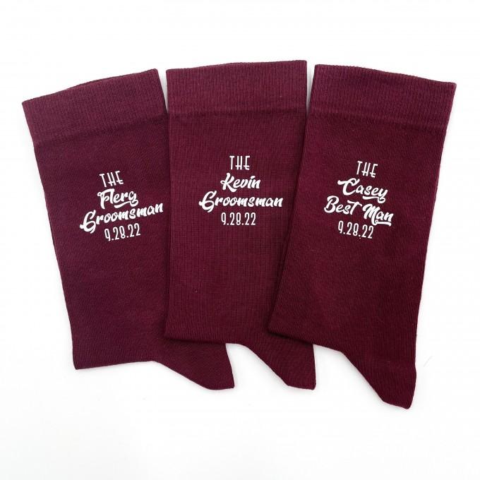 Burgundy groomsman proposal socks with custom design