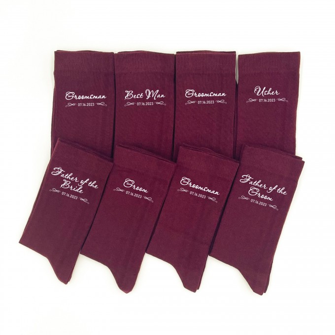 Burgundy socks for groom and groomsman with custom design