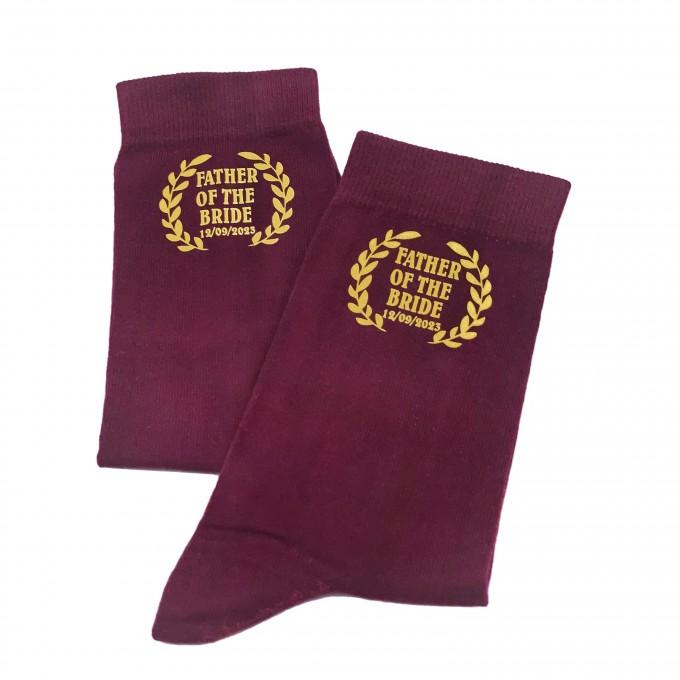 Burgundy Father of the Bride socks with custom date and design