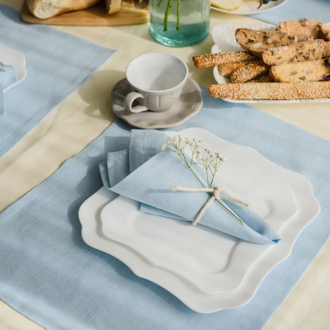 Light blue linen farmhouse placemats