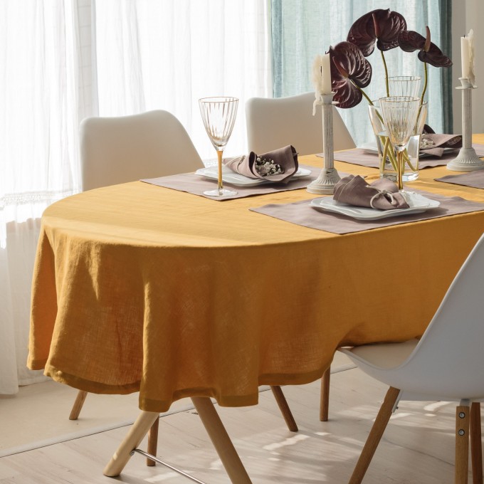 Sunflower round linen tablecloth for Easter