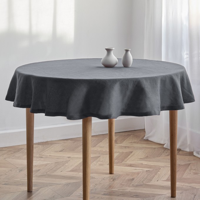 Charcoal gray round linen modern tablecloth 