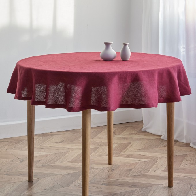 Burgundy 100% linen round rustic tablecloth  