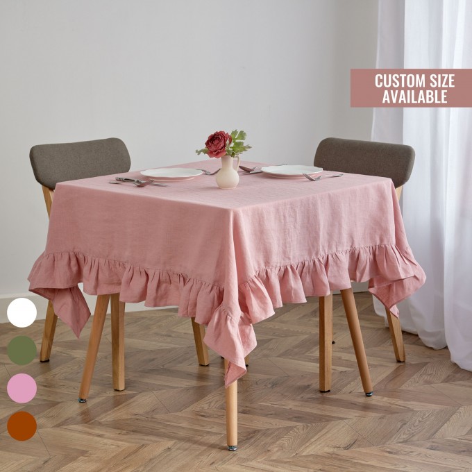 Dusty rose square linen tablecloth with ruffles