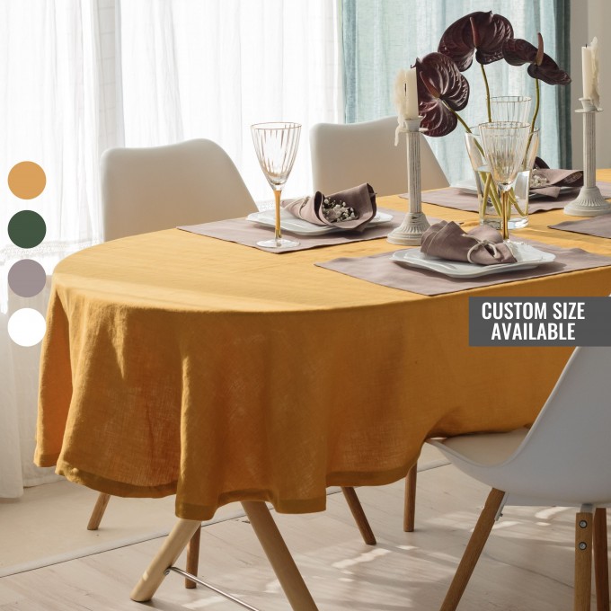 Mustard linen oval tablecloth