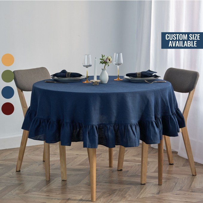 Navy blue round linen tablecloth with ruffles