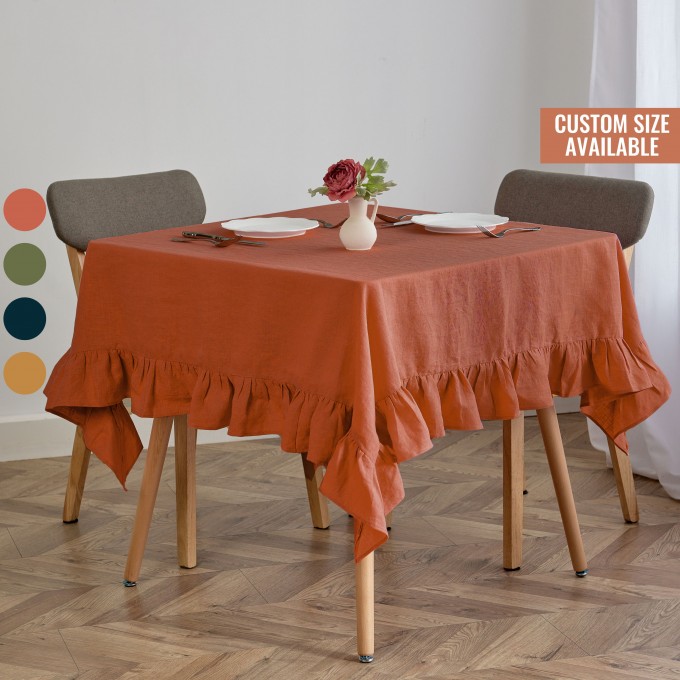 Burnt orange square linen tablecloth with ruffles