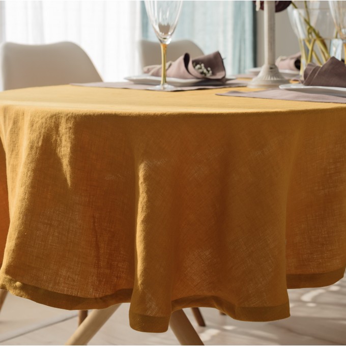 Mustard linen tablecloth in oval, rectangle, round, square shape