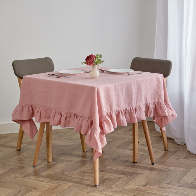 Cinnamon round linen tablecloth with ruffles