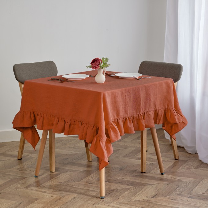 Dusty rose square linen tablecloth with ruffles