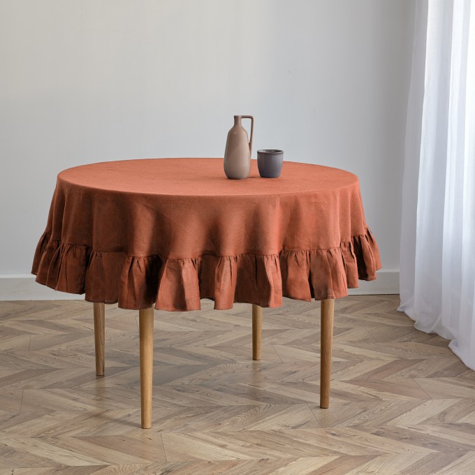 Cinnamon round linen tablecloth with ruffles
