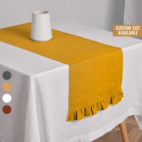 Mustard linen table runner with ruffles