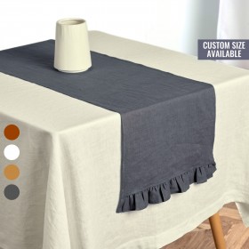 Chrcoal gray linen table runner with ruffles