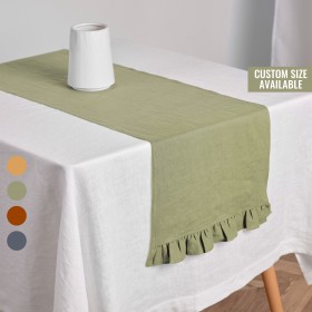 Light olive linen table runner with ruffles