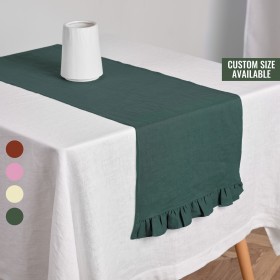 Forest green linen table runner with ruffles