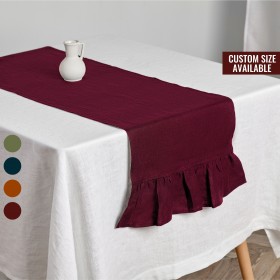 Burgundy linen table runner with ruffles
