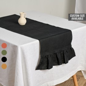 Black linen table runner with ruffles