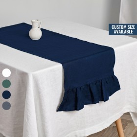 Navy blue linen table runner with ruffles