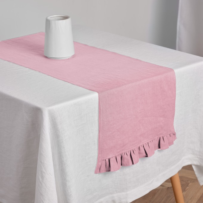 Dusty rose table runner with ruffles