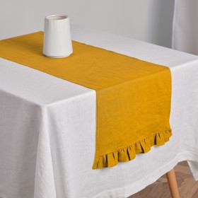 Forest green linen table runner with ruffles