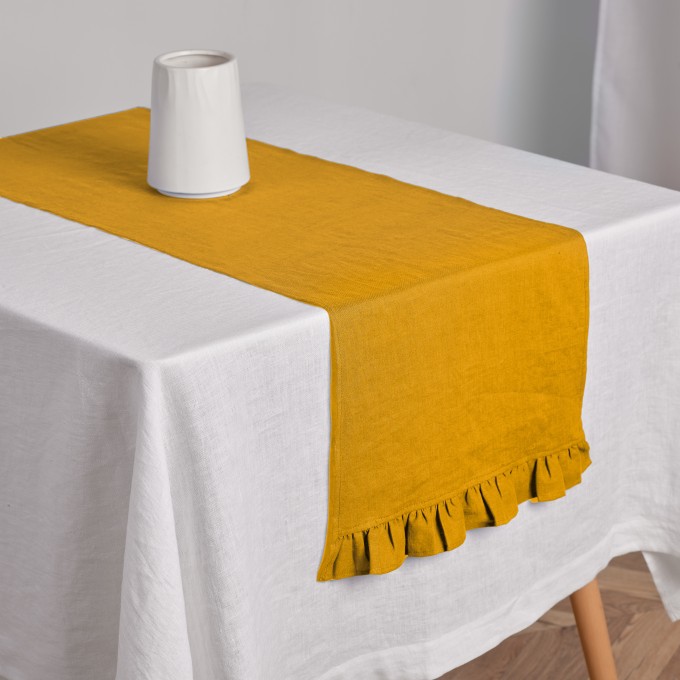 Burgundy table runner with ruffles