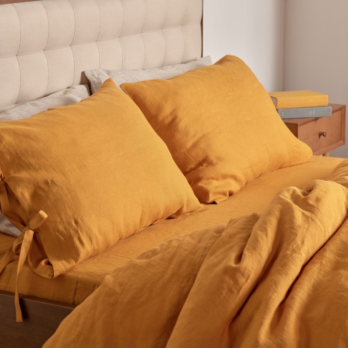 Mustard Linen Duvet Cover Set with Tie Details