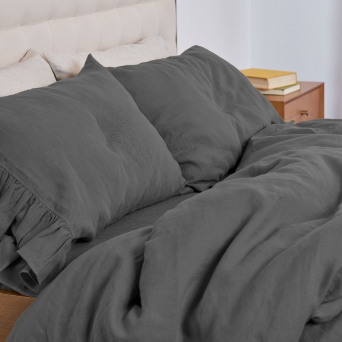 Charcoal gray linen  duvet cover set with ruffles