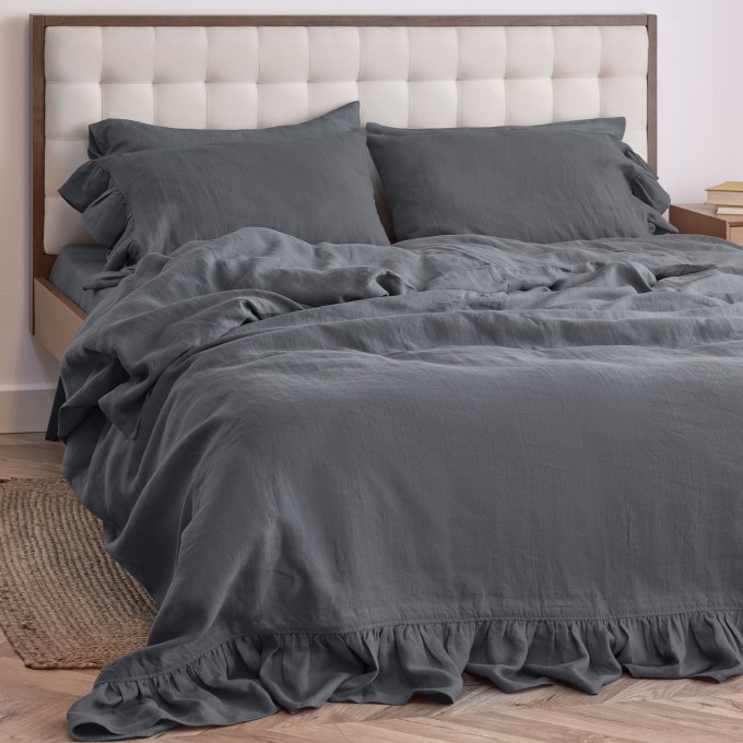 Charcoal gray linen  duvet cover set with ruffles