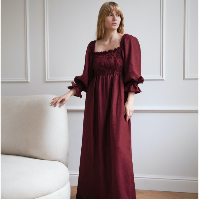 Burgundy maxi dress with puff sleeves Baila