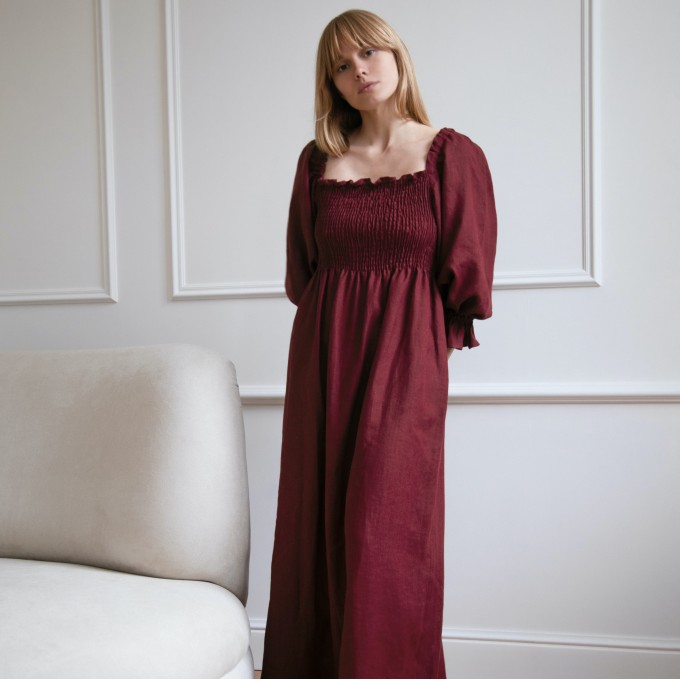 Burgundy maxi dress with puff sleeves Baila