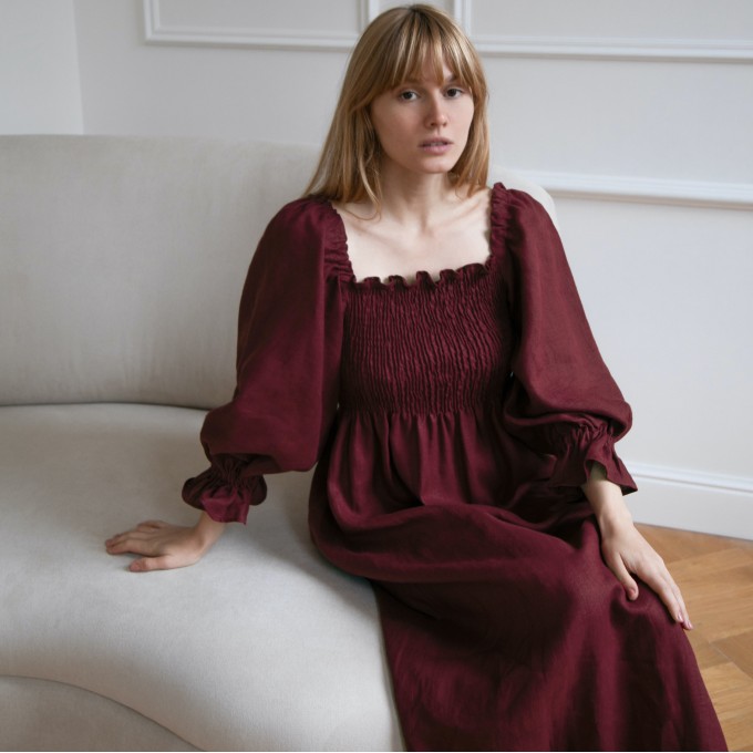 Burgundy maxi dress with puff sleeves Baila