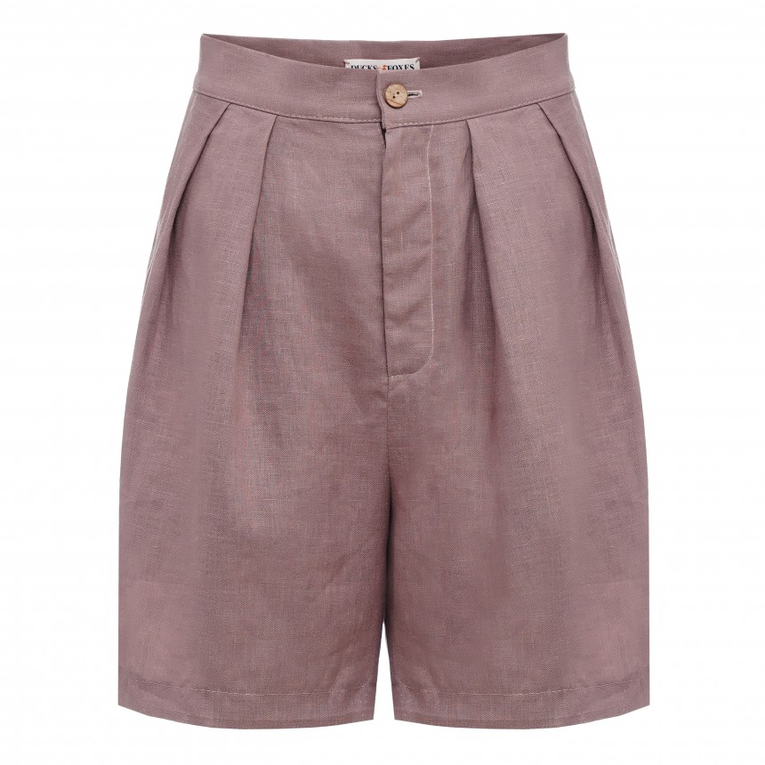 Linen tan high waisted pleated shorts Bea with pockets — Ducksnfoxes