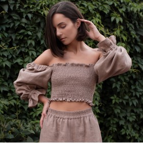 Taupe smocked puff sleeve top Bree Taupe smocked puff sleeve top Bree